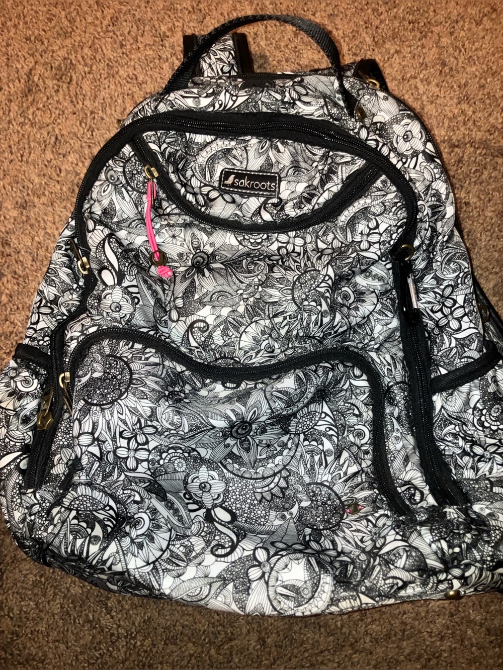 Sakroots Black & White “ Artist circle” Backpack with Pink Zipper Pull 14x13x7